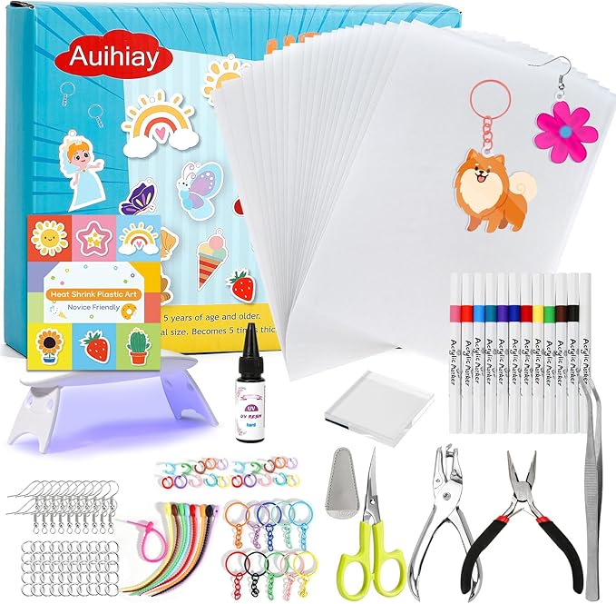 Auihiay Shrink Plastic Sheet Kit, Include UV Resin, UV Lamp, 20PCS Shrink Papers and Rich DIY Tools for Crafts Kids Jewelry Making, DIY Key Chains, Earrings