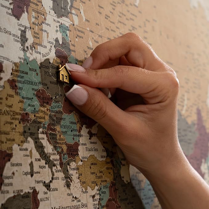 Canvas World Map with Cork Pin Board - English Lettering - Decorative Wall Decoration for All Rooms - Canvas Pictures with World Map Motif (150x100 cm, Pattern 12)