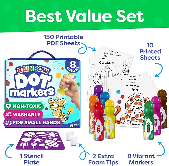 Momo & Nashi Dot Markers for Toddlers 1-3 - Dot Art Paints Washable for Kids with Printed & PDF Coloring Sheets - Toddler Arts and Crafts for Kids Ages 2-4, 2 Year Olds - Bingo Daubers for Toddlers