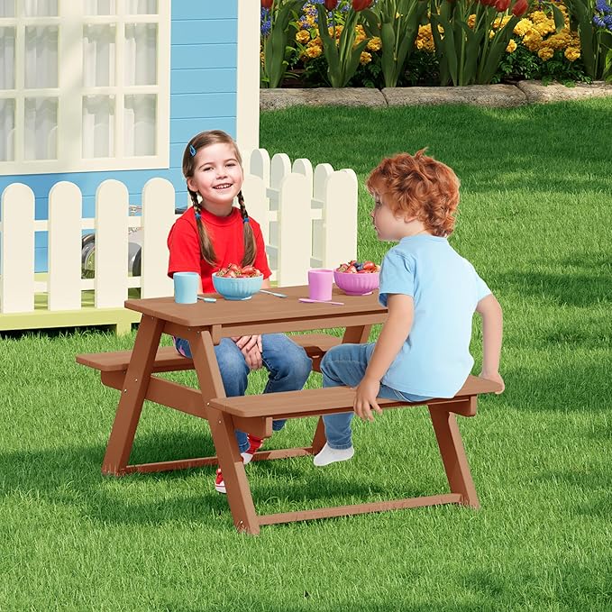 Costaelm Kids Picnic Table, HDPE All Weather Outdoor Toddler Picnic Table and Chair Set Kids Bench for Patio, Backyard, Garden, Lawn, Teak