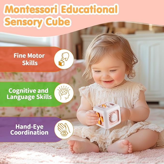 Montessori Toys for 1 Year Old, Baby Busy Board for Toddler 1-3, Activity Cube Travel Airplane Toys for Babies 6-12 Months, Birthday Gift for 1 Year Old Boys Girls, Pink