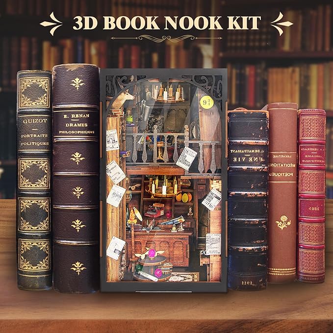 DIY Book Nook Kit, 3D Wooden Puzzle Miniature Booknook Bookend Bookshelf Decor with LED Light, Dust Cover, Book Nook Kits for Adults Teen (Magic Wand Shop)