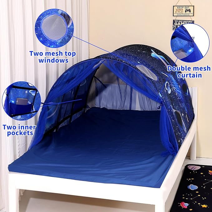 Kids Bed Tent Twin Beds -Zoos Wonder Play Tents Boys Girls Ventilated Indoor Play Tent Children Promotes Independent Play, Stimulates Imagination Set-Up Playhouse (Galaxy)