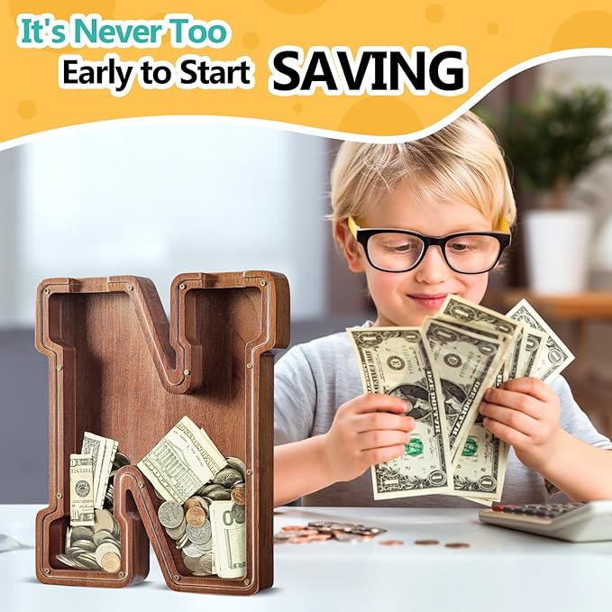 Summidate Customized Name Extra Large Wooden Piggy Bank for Kids Boys Girls Alphabets Letter A-Z Coins Bills Money Change Saving Box Clear Cover (Laser Engraved) Educational Toys 12"- Letter M