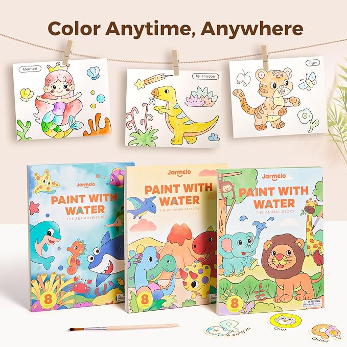 Paint with Water Books for Toddlers, Mess Free Watercolor Painting Activity for Kids Ages 1-3, 2-4, 4-6, Art Craft Coloring Gift with Brush, Airplane Travel Activities for Toddlers, Dinosaurs