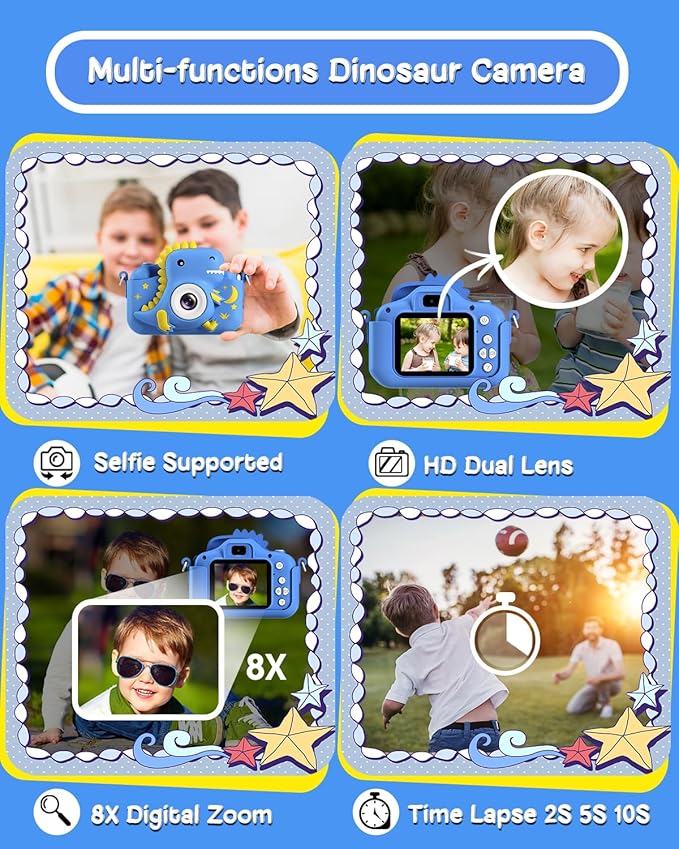 Kids Camera, Dinosaur Toddler Digital Camera for Boys Girls, Christmas Birthday Gifts, Selfie 1080P Camera for 3 4 5 6 7 8 9 Years Old Toys Dark Blue