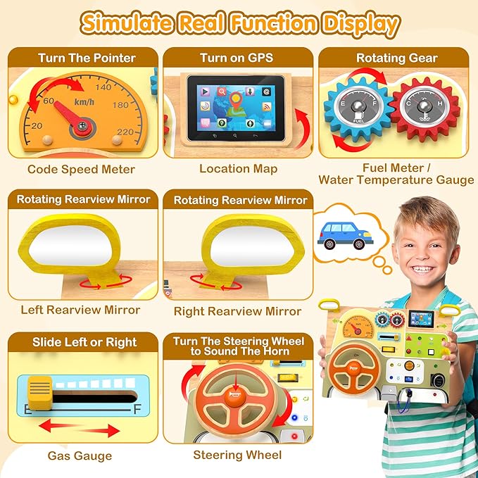 Montessori Toddler Toys - Baby Wooden Busy Board - Sensory Toys with Light Switch - Travel Toys for Educational Toddler Activities for Toddlers 1 2 3 4+ Year Old