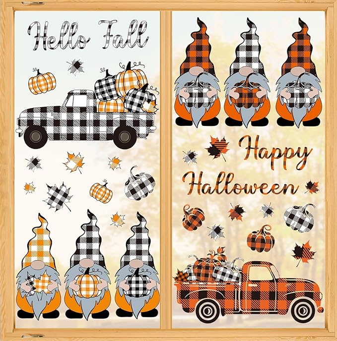 Whaline 9 Sheet Fall Halloween Window Clings Plaid Gnome Pumpkin Truck Maple Leaf Reusable Window Decals for Autumn Thanksgiving Harvest Party Home School Decor