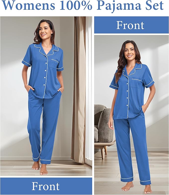 CF Womens 100% Cotton Pajamas Set Button Down Pjs Sets Short Sleeve Top & Long Pants Sleepwear Comfy Loungewear with Pockets
