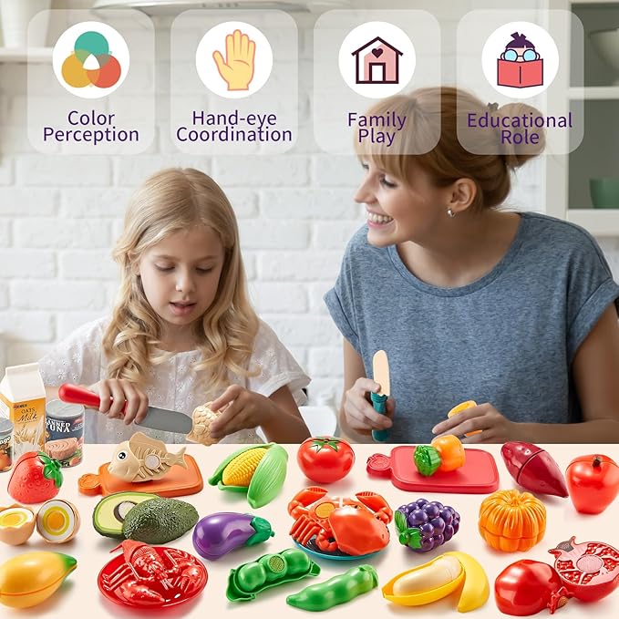 Pretend Play Food for Kids Kitchen - 78Pc Cutting Toy with Storage Bag, Toys Veggies, Fruits, Fake Pizza Toy, Food, Accessories, Boys Girls Gift, 9.5 x 7 x 6 in (ZY-78)