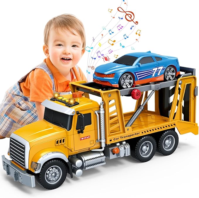 Mostop Toy Truck Transport Cars Carrier with Racing Car for Toddlers,15’’ Large Kids Toys for 4-8 Boys, Friction Powered Truck Vehicle Toy with Light & Sounds, Boys Girls Christmas Birthday Gifts