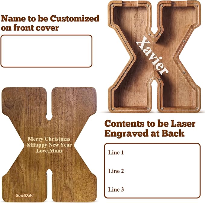 Summidate Customized Name Extra Large Wooden Piggy Bank for Kids Boys Girls Alphabets Letter A-Z Coins Bills Money Change Saving Box Clear Cover (Laser Engraved) Educational Toys 12"- Letter X