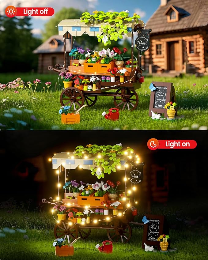 Flower Cart Building Set with LED Strips, Car Shop with Flower Bonsai and Plants Building Kits, Flower Tools and Signs Home Desk Decor Ideas Gifts for Kids 6+