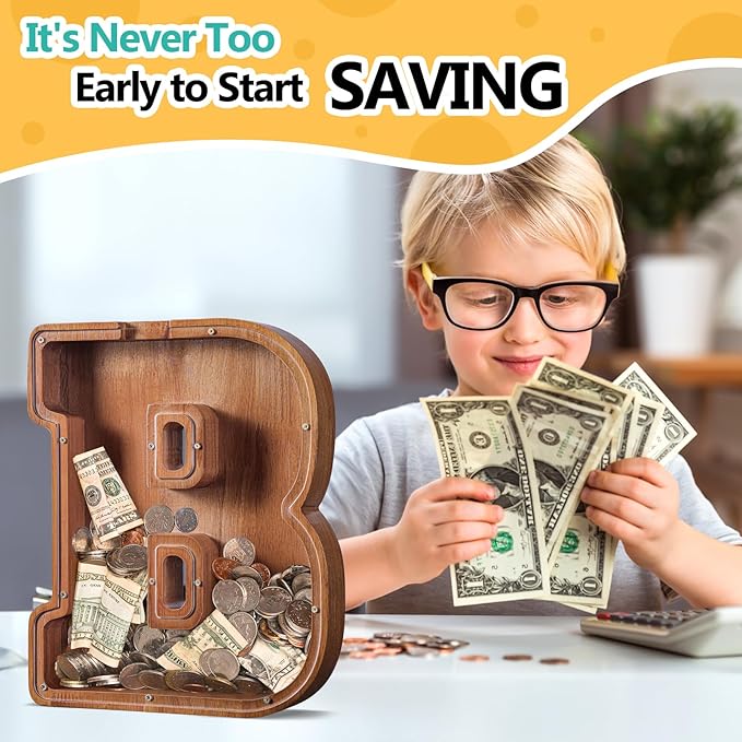 Summidate Large Wooden Piggy Bank for Kids Adults, Alphabets Letter A-Z Piggy Bank for Boys Girls, Coins Bills Change Bank Box Personalized Initial Name Kids Money Bank for Birthday Present and Decor
