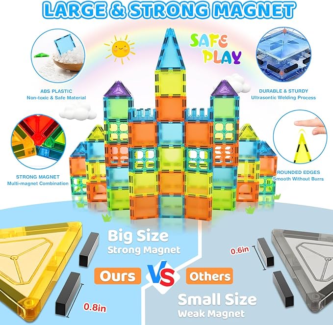 Magnetic Tiles 125PCS Magnetic Building Blocks Set 3D Magnet Tiles with 2 Cars STEM Educational Learning Construction Toys Kids Birthday Gifts for Preschool Toddler Boys Girls 3 4 5 6 7 8 9 + Year Old