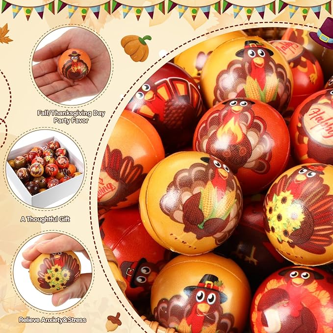 Liliful 60 Pcs Thanksgiving Turkey Stress Ball Bulk 12 Patterns Fall Sensory Stress Relief Balls Thanksgiving Party Favors Bag Filler Stocking Stuffers Gifts for Adults