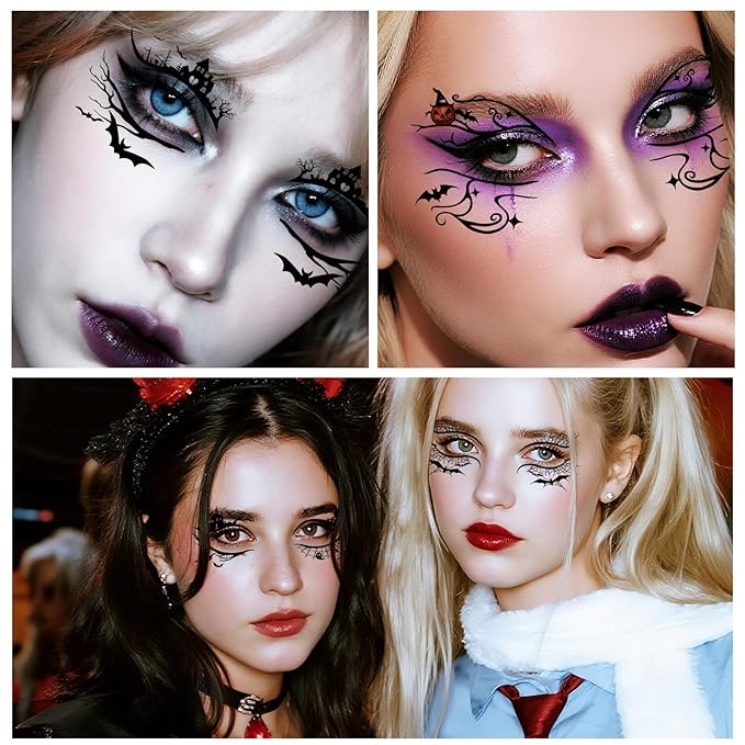 24 PCS Halloween Makeup Eye Temporary Tattoos Waterproof, Upper & Lower Lash Design Spider Web Bat Eyeliner Eye Shadow Tattoos Makeup Kit for Adult Women Men Girls Cosplay Halloween Party Decals