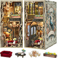 Book Nook Kit, DIY Miniature Dollhouse Booknook Kit, 3D Wooden Puzzle Bookend Bookshelf with LED Light for Adults Teens (Saison Café)