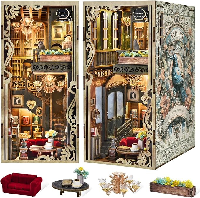 Book Nook Kit, DIY Miniature Dollhouse Booknook Kit, 3D Wooden Puzzle Bookend Bookshelf with LED Light for Adults Teens (Saison Café)