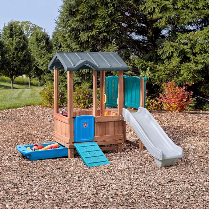 Step2 Woodland Adventure Playhouse & Slide, Kids Outdoor Playset, Backyard Playground Set, Swings, Storage Drawer, Made of Wood & Durable Plastic, Outside Jungle Gym, for Children 3-8 Years Old
