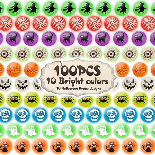 100pcs Glow in The Dark Bouncing Balls,8 Halloween Theme Designs Bouncy Toys Balls, Halloween Party Favors Supplies, Trick or Treating Goodie, Halloween Miniatures,School Classroom Game Rewards
