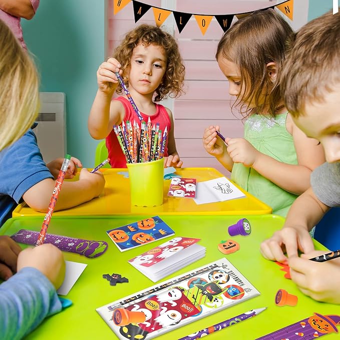 Shemira Halloween Party Favors for Kids,168pcs Halloween Stationery gift kit,Halloween Miniatures Prizes,Trick or Treating Goodie Bag Fillers including Notepad,Stamper,Sticker,Pencil,Eraser,Ruler