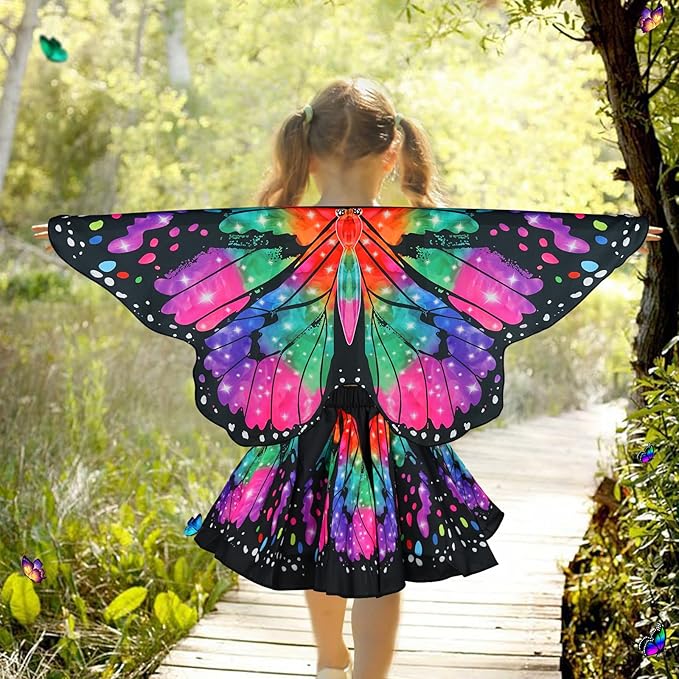 Butterfly Costume for Girls Fairy Wings Kids 4 Pcs(Cape,Skirts,Masks,Hair Clips) Butterfly Wings for Halloween Gifts