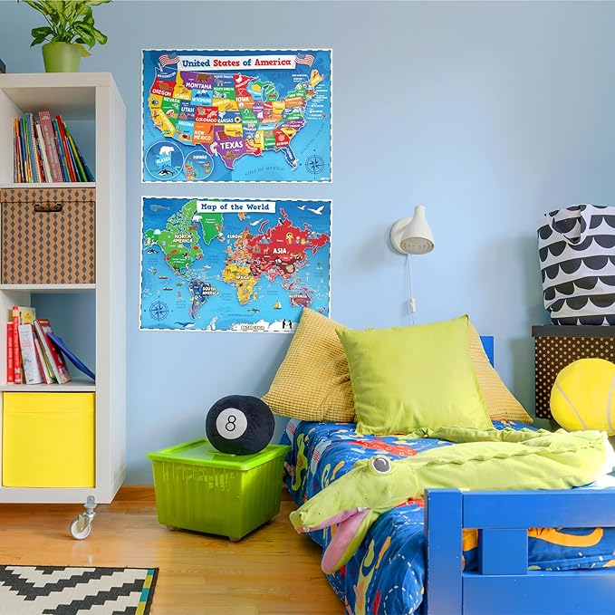 World Map Poster & Map of the United States For Kids - 2pc Set - 24” x 16” USA & World Map For Kids Waterproof Classroom Posters Must Haves - Classroom Decor Educational Posters For Toddlers 1-3