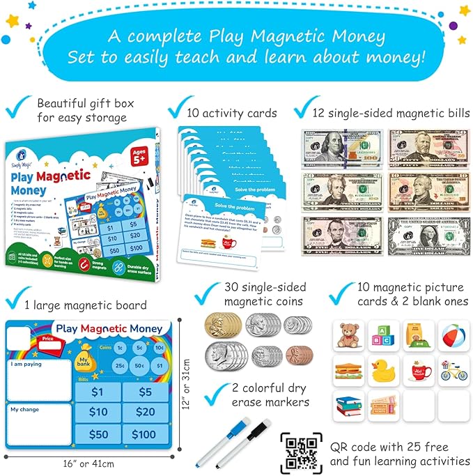 Simply magic 67 PCS Play Money for Teaching - Magnetic Money for Classroom Activity Set, Pretend Play Money Magnets for Kids, Money Manipulatives & Games, Toy Toddler Money, Learning Coins, Bills