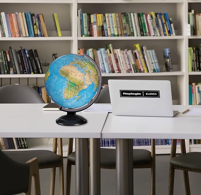 Replogle Ready to Assemble World 12" Diameter Globe, USA Cartography, Modern Acrylic Stand and Blue Ocean. Easy to assemble globe that shows Political borders and provincial borders, major ocean currents, detailed lakes, rivers, tributaries and canals.