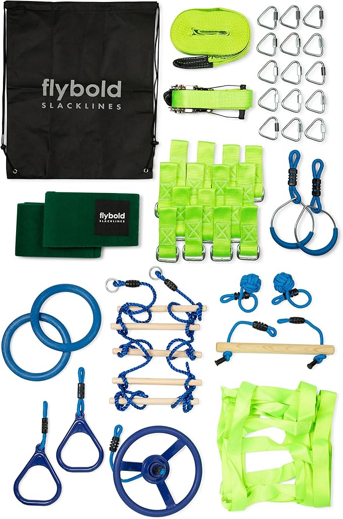 Flybold Slackline Obstacle Course for Kids - Ninja Warrior Training Kit with 8 Adjustable Obstacles, Twin Gear Ratchet, Outdoor Ninja Course for Kids - 40 ft Line Stainless Steel with Tree Protectors