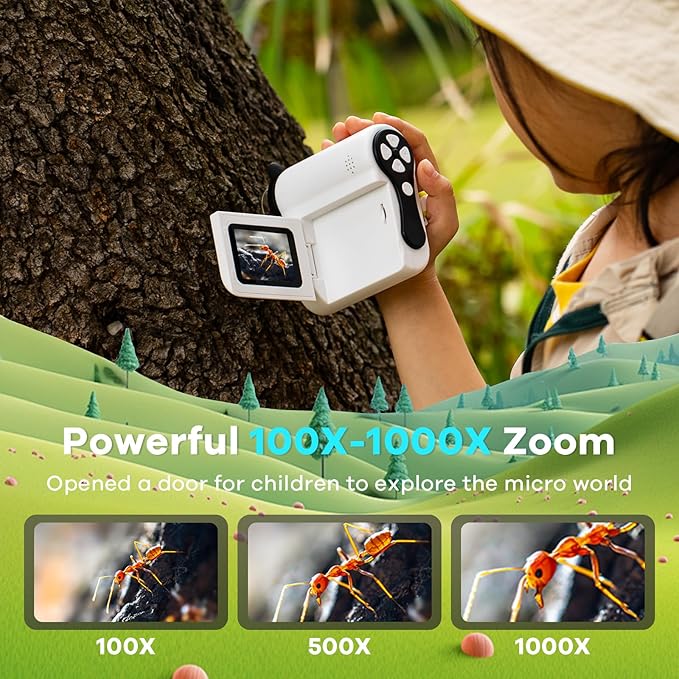 HP60 IPS Microscope for Kids: [Auto On & Off] [3-in-1] 2" Portable Handheld Microscope Miniscope, Pocket Mini Scope Educational Science Kit, Christmas Birthday Gifts for Kids, PC View, White