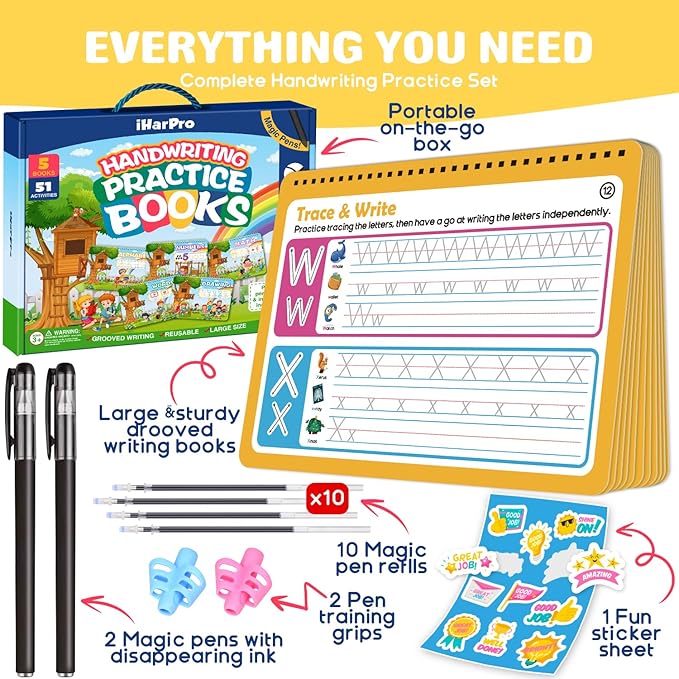 Magic Grooved Writing Practice for Kids, Reusable Grooved Handwriting Practice Workbook Ages 3-8, Large 11.2"x7.5" Preschool Learning Activities Tracing Books, Kindergarten Educational Toys for 5-7