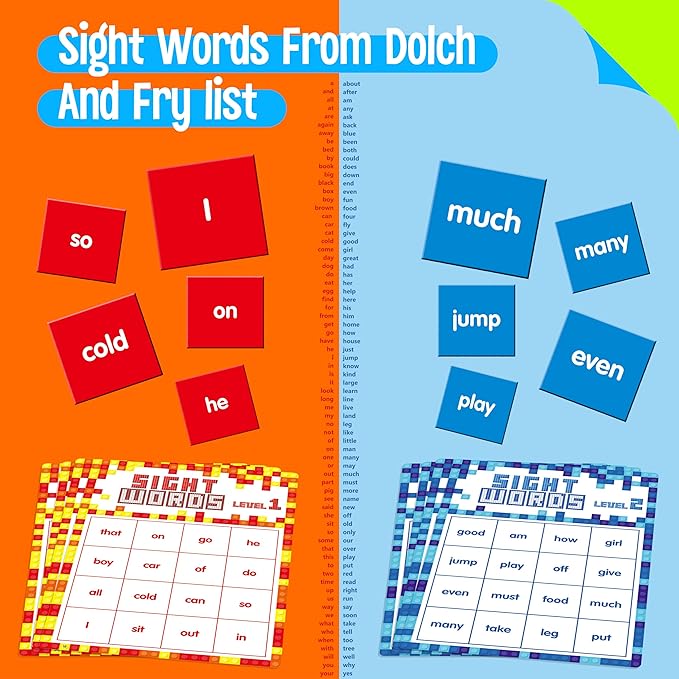 Sight Word Bingo Game, 144 Sight Words Learn to Read Level 1 & Level 2 Bingo Board Game Dolch's & Fry's Words Lists for Kindergarten and Preschool, Grade 1st, 2nd, Kids 4-8 (Up to 25 Players)
