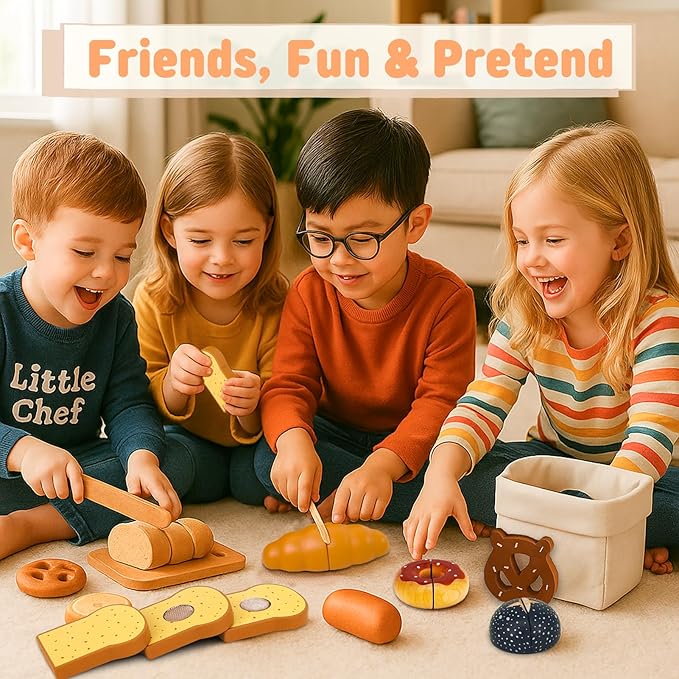 Wooden Food for Play Kitchen 18 PCS Play Food Set for Kids Kitchen Play Kitchen Food with Storage Bag Wooden Bakery Pretend Food Toy for Birthday Gift