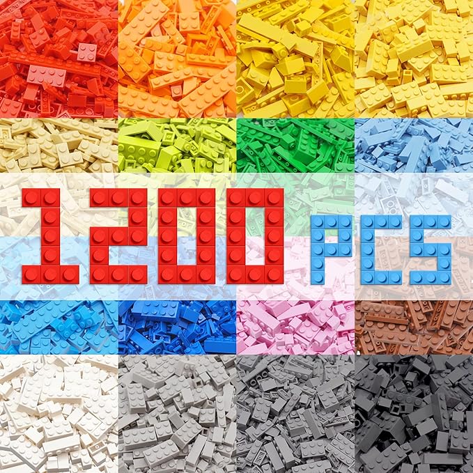 1200 Pieces Building Bricks Set – Bulk Basic Blocks in 12 Colors & 14 Shapes, Compatible Bulk Block, STEM Educational Toy Suitable for Boys & Girls Ages 6+