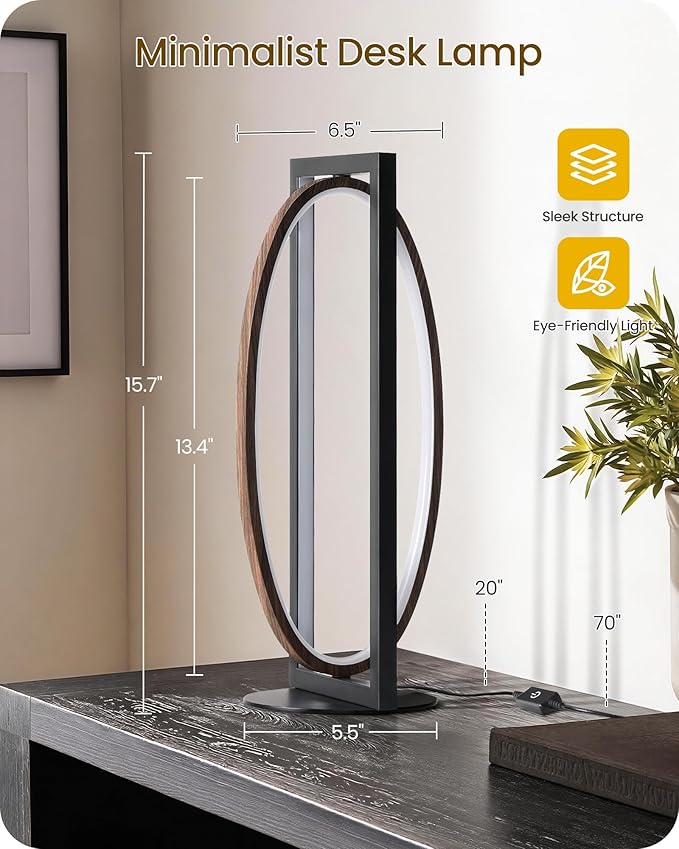 Modern LED Table Lamp, Dimmable Minimalist Bedside Lamp, 3 Color Temperatures, Angle Adjustable, Cute Desk Lamp, Nightstand Lamp for Living Room, Bedroom, Office, Black and Walnut K62TL05
