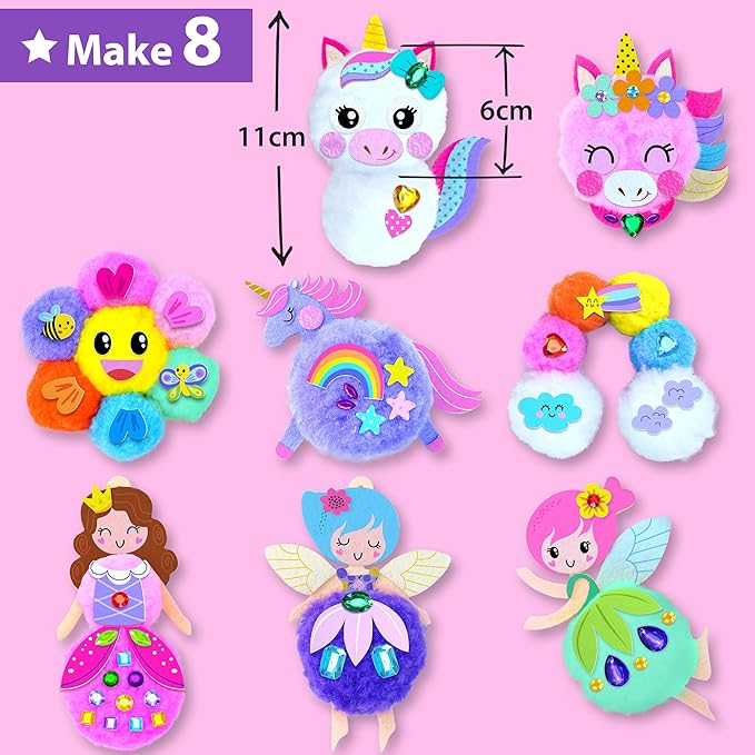 KRAFUN Easy Pom Pom Craft Kit for Girls, 8 Cute Crafts (Unicorn, Fairies), Felt Stickers, Instructions, Creative DIY Set, Adorable Educational Toy