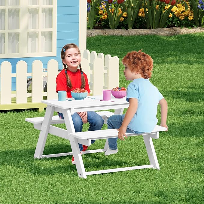 Costaelm Kids Picnic Table, HDPE All Weather Outdoor Toddler Picnic Table and Chair Set Kids Bench for Patio, Backyard, Garden, Lawn, White