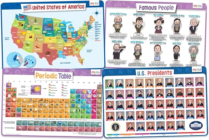 merka Kids Placemats Set of 4-17 x 11 in, Silicone - Periodic Table Placemats for Kids, US Presidents Placemat & US Map Placemat