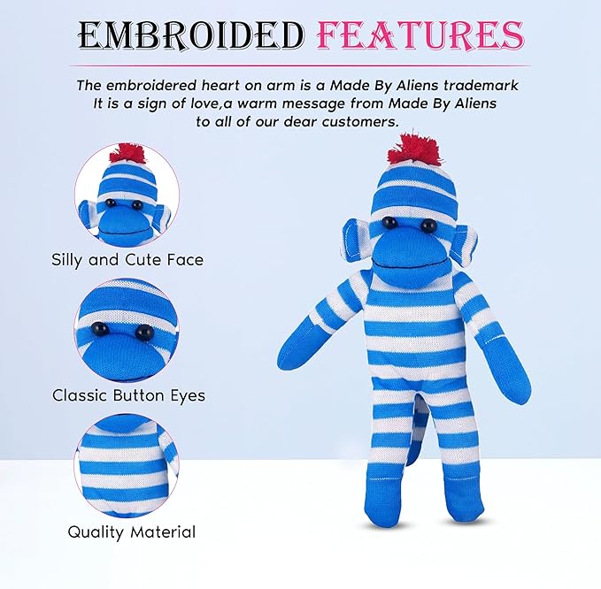 Adorable Sock Monkey, The Original Traditional Hand Knitted Stuffed Animal Toy Gift-for Kids, Babies, Teens, Girls and Boys Baby Doll Present Puppet (16" Blue)