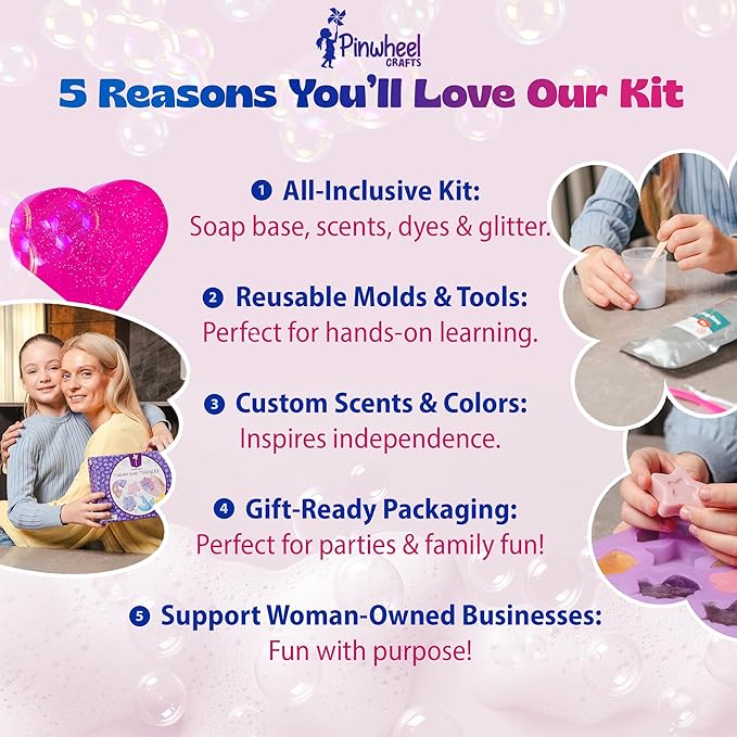 Pinwheel Crafts DIY Soap Making Kit for Kids Ages 5 6 7 8-12+ with Molds, Scents, Dye, Glitter, Foaming Net - Unicorn Soap Making Kits for Adults Beginners Great for Science Projects and Crafts