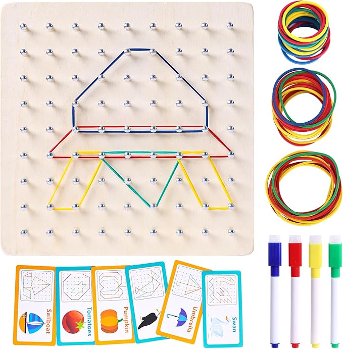 LovesTown Wooden Geoboard Montessori Toys for Kids Graphical Geo Board with Rubber Bands Educational Brain Teaser Toys for Boys Girls