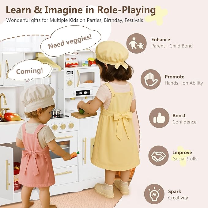 Kinder King Wooden Kids Play Kitchen, Toy Kitchen Playset for Toddler, Play Kitchen Set w/Real Sounds, Pretend Coffee Machine, Kitchen Hood, Sink, Ice Maker, Gift for Boys Girls Age 3+, White
