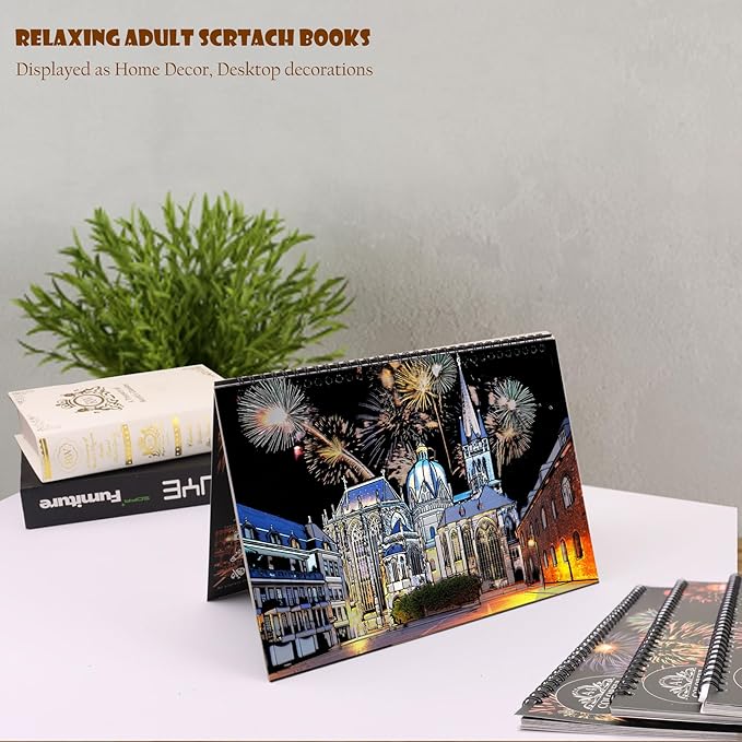 Scratch Art Book for Adults - 12PCS Scratch Painting Foil Art for Adults Scratch City Series Books Foil Engraving Scratch Art Adult Set with 6 Tools