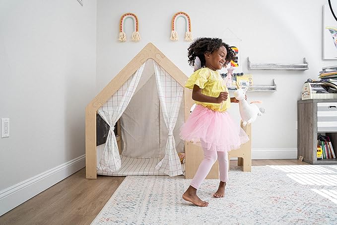 Avenlur Flair - 5 in 1 Indoor Playhouse with Desk Table, Chair, Chalkboard, Floor Cushion and Curtain Shades - Montessori and Waldorf Style for Ages 1 to 8 Years Old - (Large, Colorful Windowpane)