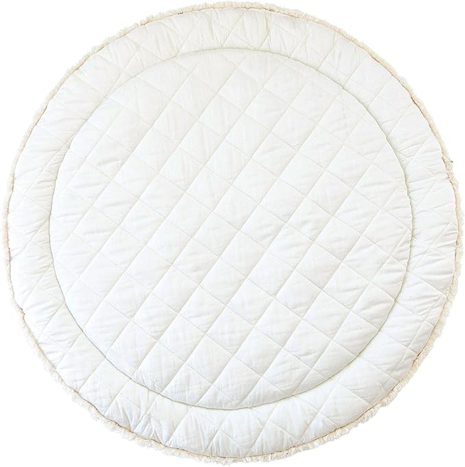 MakeMake Organics Organic Play Mat GOTS Certified Organic Cotton Nursery Floor Rug Washable Reversible Non Toxic Activity Mat Tummy Time Crawling Pad Thick Quilted (Round 48",Blue Stripes,Solid Ivory)