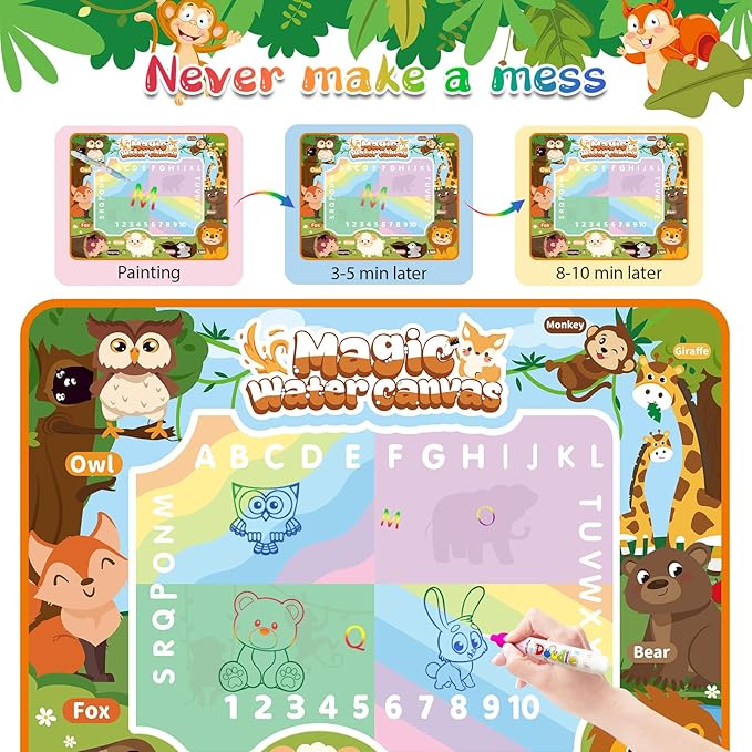 Water Doodle Mat Kids Mess Free Coloring for Toddlers 3 4 5 6 7 8 9 Years, 19 Pack Educational Toys, Doodle Mat with Magic Water Pens
