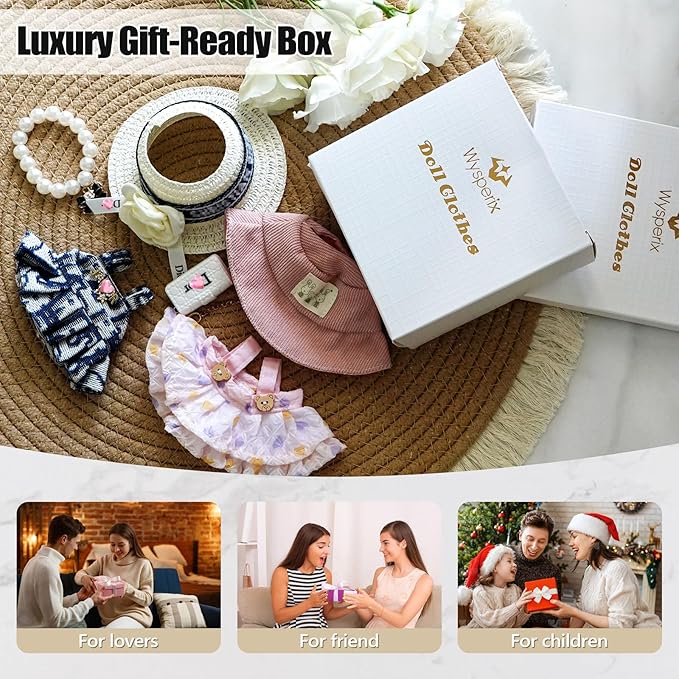 17cm Doll Clothes Set with Fashion Accessories - Premium Luxury Baby Doll Outfits & Designer Clothes Bundle, Unique Fashion Style Dresses with Hat & Pearl Necklace & Bag Accessories (White)