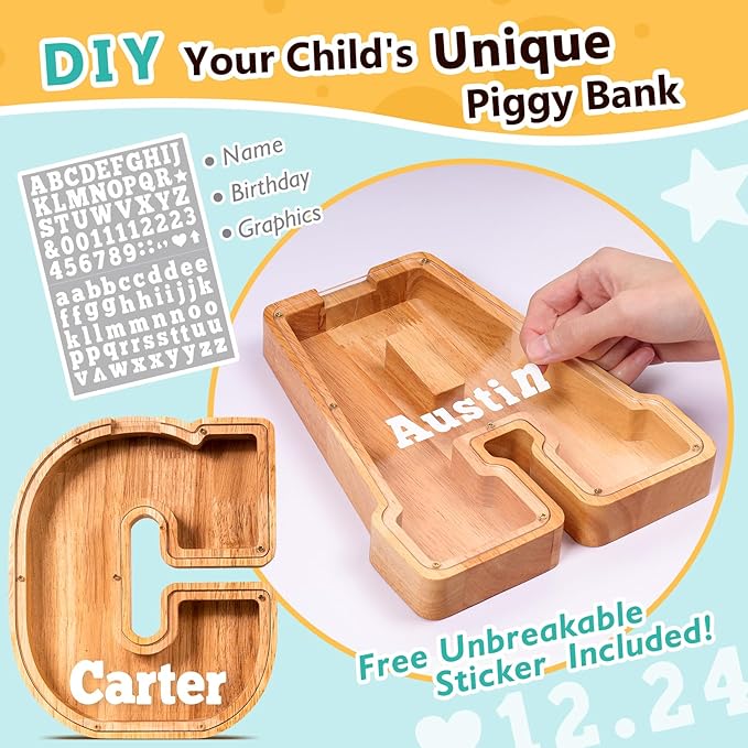 SummiDate Wooden Letter Piggy Bank| Piggy Bank for Boys Girls Toddler| Alphabet C Money Bank| Coin Bank Birthday Gift for Kids|Birthday Gift for Kids (C)